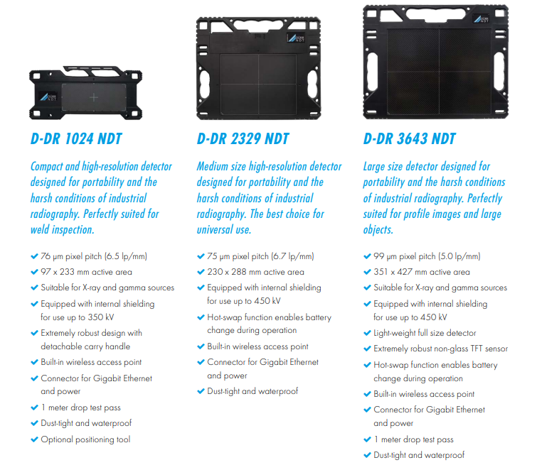 D-DR 1024 NDT Compact and high-resolution detector  designed for portability and the  harsh conditions of industrial  radiography. Perfectly suited for  weld inspection 76 &mu;m pixel pitch (6.5 lp/mm)  97 x 233 mm active area  Suitable for X-ray and gamma sources  Equipped with internal shielding  for use up to 350 kV  Extremely robust design with  detachable carry handle  Built-in wireless access point  Connector for Gigabit Ethernet  and power  1 meter drop test pass  Dust-tight and waterproof   Optional positioning tool  D-DR 2329 NDT Medium size high-resolution detector  designed for portability and the  harsh conditions of industrial  radiography. The best choice for  universal use 75 &mu;m pixel pitch (6.7 lp/mm)  230 x 288 mm active area  Equipped with internal shielding  for use up to 450 kV  Hot-swap function enables battery change during operation  Built-in wireless access point  Connector for Gigabit Ethernet  and power  Dust-tight and waterproof  D-DR 3643 NDT Large size detector designed for  portability and the harsh conditions  of industrial radiography. Perfectly  suited for profile images and large  object 99 &mu;m pixel pitch (5.0 lp/mm)  351 x 427 mm active area  Suitable for X-ray and gamma sources  Equipped with internal shielding  for use up to 450 kV  Light-weight full size detector  Extremely robust non-glass TFT sensor  Hot-swap function enables battery change during operation  Built-in wireless access point  Connector for Gigabit Ethernet  and power  1 meter drop test pass  Dust-tight and waterproof